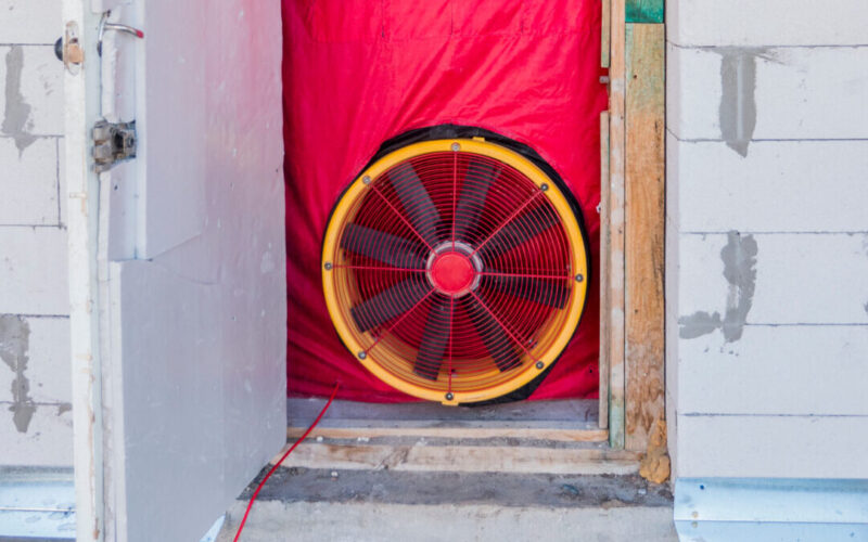 A blower door test setup in a doorframe.
