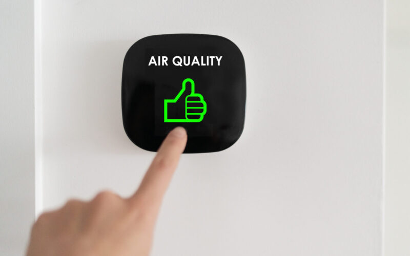 A smart home device shows that the air quality is excellent