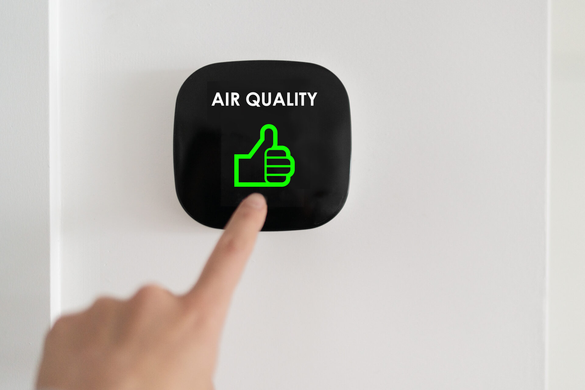 A smart home device shows that the air quality is excellent