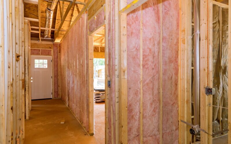 An unfinished home with pink fiberglass insulation installed behind the studs