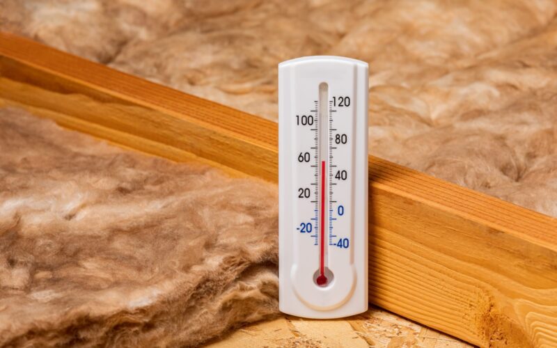 A thermometer is propped against a wood joist and a thick pad of insulation. 