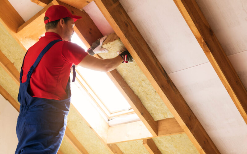 A worker installs wool batt insulation in an unfinished attic space roof.