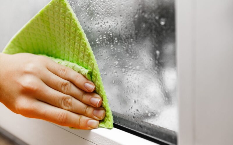 Wiping the condensation off the interior of a window with a green rag due to humidity within the building