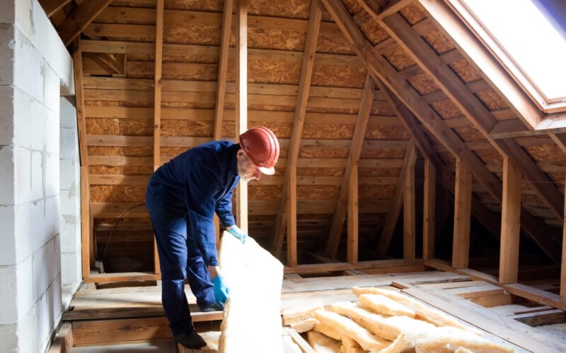 A worker in protective gear installs insulation in an attic space